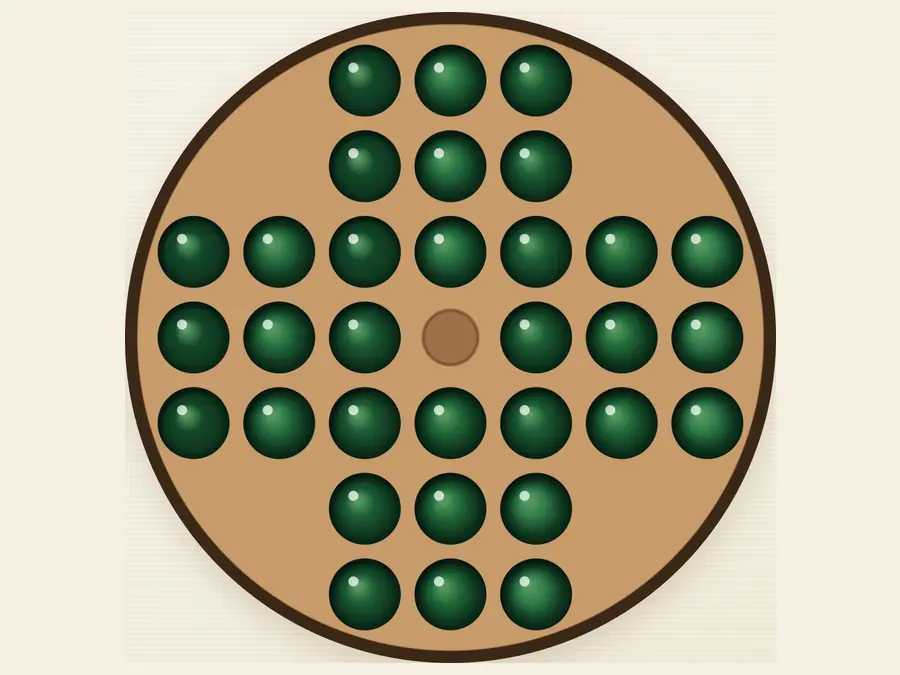This site’s peg solitaire board: round wood tray, green glass marbles, English cross opening with the center empty