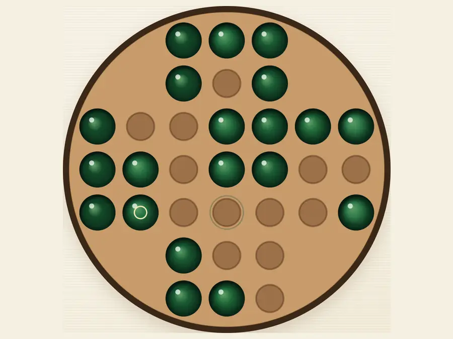 This site’s full board later in a puzzle, remaining green marbles and empty holes