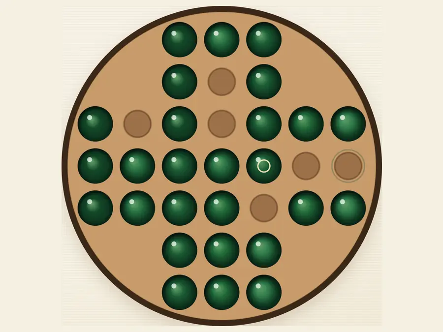 This site’s full board mid-puzzle, green marbles and empty holes after orthogonal jumps